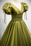 Green V-Neck Long Prom Dresses, A-Line Evening Dresses HZ1024
