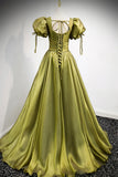 Green V-Neck Long Prom Dresses, A-Line Evening Dresses HZ1024