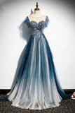 Blue Tulle Long Prom Dresses, A-Line Formal Evening Dresses HZ1024