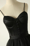 Black A-Line Spaghetti Strap Long Prom Dresses, Black Evening Dresses HZ1024
