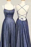 Blue A-Line Backless Long Prom Dresses, Blue Evening Dresses HZ1024