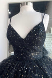 Black V-Neck Tulle Long Prom Dresses, High Low Evening Party Dresses HZ1024