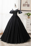 Black V-Neck Tulle Long Prom Dresses, A-Line Black Evening Dresses HZ1024