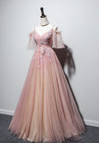 Pink V-Neck Lace Long Prom Dresses, A-Line Evening Dresses HZ1024