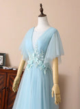 Blue V-Neck Lace Long Prom Dresses, A-Line Evening Dresses HZ1024