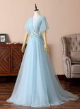 Blue V-Neck Lace Long Prom Dresses, A-Line Evening Dresses HZ1024