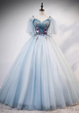 Lovely Spaghetti Strap Blue Long Prom Dresses, Lace Evening Dresses HZ1024