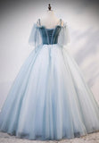 Lovely Spaghetti Strap Blue Long Prom Dresses, Lace Evening Dresses HZ1024