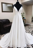 White V-Neck Long Prom Dresses, A-Line Lace Evening Dresses HZ1024