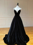 Black A-Line Velvet Long Prom Dresses, Black Evening Dresses HZ1024