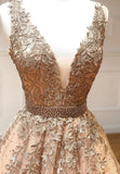 Plunging V-Neck Tulle Long Prom Dresses, Lace Formal Dresses HZ1024