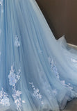 Blue Tulle Long A-Line Prom Dress, Off the Shoulder Evening Dress HZ1024