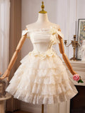 Champagne Lace Layer Knee Length Prom Dress, Off the Shoulder Evening Party Dress HZ1024