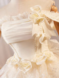 Champagne Lace Layer Knee Length Prom Dress, Off the Shoulder Evening Party Dress HZ1024