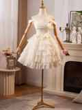 Champagne Lace Layer Knee Length Prom Dress, Off the Shoulder Evening Party Dress HZ1024