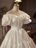 White Satin Lace Knee Length Prom Dress, A-Line Off the Shoulder Evening Party Dress HZ1024