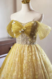 Yellow Floral Tulle Knee Length Prom Dress, Lovely A-Line Off the Shoulder Evening Party Dress HZ1024