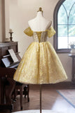 Yellow Floral Tulle Knee Length Prom Dress, Lovely A-Line Off the Shoulder Evening Party Dress HZ1024