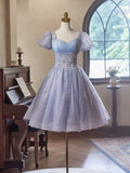 Light Purple Tulle Short Sleeves Homecoming Dress, Beautiful Knee Length Prom Party Dress HZ1024