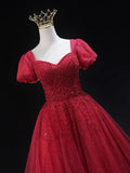 Burgundy Tulle Beaded Knee Length Party Dress, A-Line Short Sleeve Evening Party Dress HZ1024