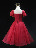 Burgundy Tulle Beaded Knee Length Party Dress, A-Line Short Sleeve Evening Party Dress HZ1024