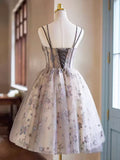 Gray Tulle Sequins Short Party Dress, Cute Spaghetti Strap Backless Evening Dress HZ1024