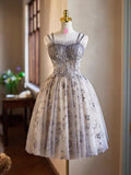 Gray Tulle Sequins Short Party Dress, Cute Spaghetti Strap Backless Evening Dress HZ1024