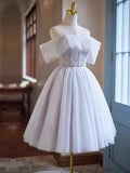 White Tulle Sequins Short Homecoming Dress, Lovely Off the Shoulder Evening Party Dress HZ1024