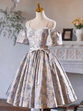 Lovely Gray Sequins Printing Bow Sash Party Dress, A-Line Spaghetti Strap Short Sleeve Prom Dress HZ1024