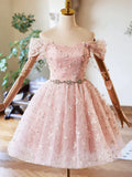 Pink Tulle Knee Length Prom Dress, Lovely Off the Shoulder Evening Party Dress HZ1024