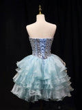 Blue Tulle Crystal Short Party Dress, A-Line Strapless Evening Party Dress HZ1024
