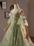 Green Floral Tulle A-Line Knee Length Party Dress, Lovely Spaghetti Strap Evening Prom Dress HZ1024