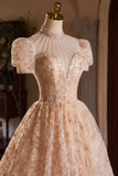 Cute Tulle Flower Tea Length Prom Dress, Beautiful Short Sleeve A-Line Evening Party Dress HZ1024
