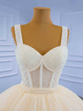 Champagne Tea Length Tulle Beaded Party Dress, Charming A-line Evening Graduation Dress HZ1024
