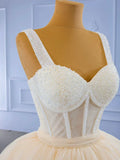 Champagne Tea Length Tulle Beaded Party Dress, Charming A-line Evening Graduation Dress HZ1024
