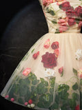 Champagne Scoop Neck Short Prom Dress with Flowers, Cute A-Line Party Dress HZ1024
