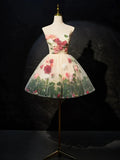 Champagne Scoop Neck Short Prom Dress with Flowers, Cute A-Line Party Dress HZ1024