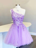 Cute Tulle Sequins Short Prom Dress, Purple One Shoulder Party Dress HZ1024