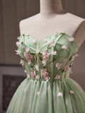 Green Tulle Beaded Party Dress, Green Short Prom Dress with Flowers HZ1024