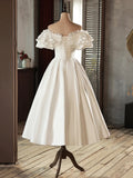 White Satin Lace Short Prom Dress, White Evening Dress, Wedding Dress HZ1024