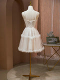 Champagne Spaghetti Strap Party Dress, Cute A-Line Evening Dress with Pearls HZ1024