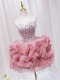 Pink Sweetheart Neckline Tulle Short Prom Dress with Rhinestones, Cute Party Dress HZ1024