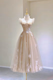 Champagne Lace Tea Length Prom Dresses, A-Line Evening Dresses HZ1024
