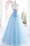 Blue Spaghetti Strap Tulle Beading Long A-Line Prom Dresses HZ1024