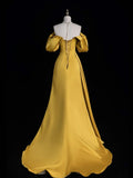 Gold Satin Off Shoulder A-line Party Dress Prom Dress, Gold Satin Party Dress HZ1024
