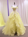 Yellow Tulle with Lace Sweetheart Long Formal Dress, Yellow Tulle Prom Dress HZ1024