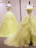 Yellow Tulle with Lace Sweetheart Long Formal Dress, Yellow Tulle Prom Dress HZ1024