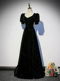 Black A-line Velvet Long Prom Dress Party Dress, Black Short Sleeves Prom Dress HZ1024