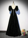 Black A-line Velvet Long Prom Dress Party Dress, Black Short Sleeves Prom Dress HZ1024