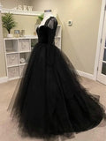 Black A-line Long Lace Sleeves Tulle Formal Dress, Black Prom Dress Party Dress HZ1024
